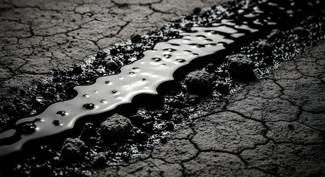 A thick stream of dark, viscous liquid cuts through a barren, cracked dry earth, highlighting environmental pollution and the stark visual of an altered, damaged landscape