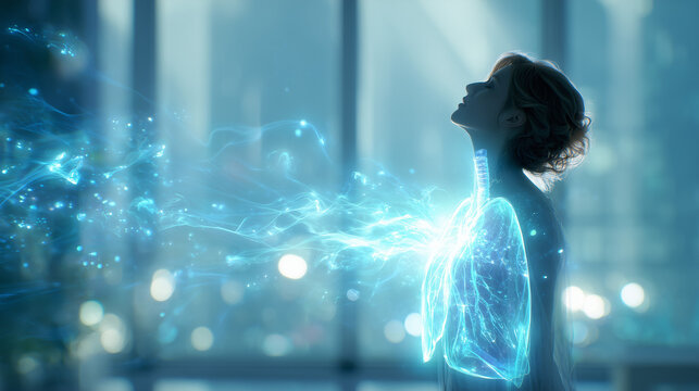 Ethereal female silhouette with glowing lungs radiating blue energy flow representing mindful breathing and holistic wellness concept