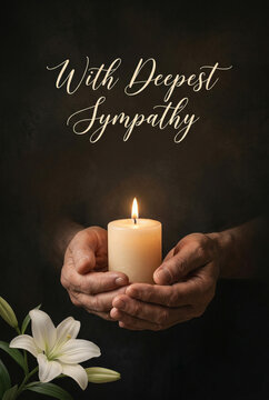 With deepest sympathy vertical condolence card design with hands holding a candle and lilies for memorial poster and funeral program background