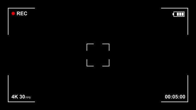 Camera recording screen overlay alpha channel. Video camera interface display transparent background. 4K Video