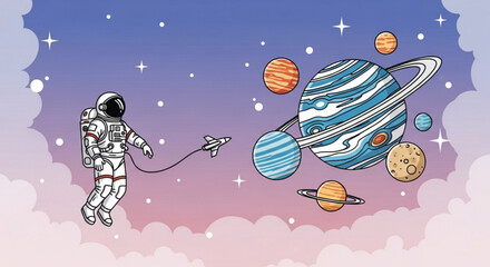 Astronaut's Cosmic Voyage: A lone astronaut embarks on an ethereal journey through the cosmos, tethered to a miniature rocket.
