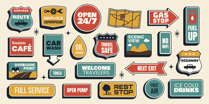 Retro sticker set. Vintage gas station and road trip signs, open 24/7 badges, car wash, oil change, travel arrows, maps and service icons. Vector illustration in vintage colors mid century 1950s style