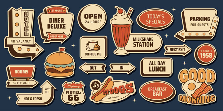 Retro diner and motel sticker set with breakfast, lunch and roadside food signs, burger, milkshake, hot dog, coffee, pie, egg and bacon and more. Vector illustration in vintage mid century 1950s style