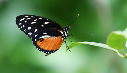 Tiger Longwing Butterfly on Green Leaf with Black White Spotted Wings and Fiery Orange Underside, Detailed Macro Wildlife Photography.