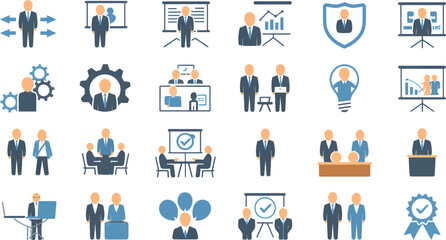 Fototapeta premium Comprehensive collection of modern business and management vector icons, ideal for illustrating corporate strategy, team collaboration, human resources, and professional presentations