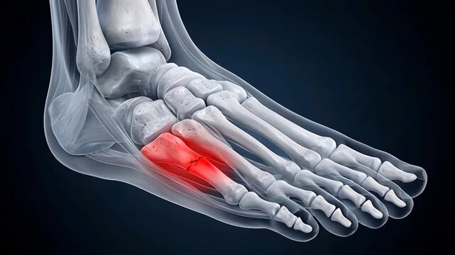 Medical Illustration of Human Foot Skeleton Showing Fractured Metatarsal Bones Highlighted in Red Against Dark Background Realistic 3D Render