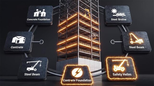Construction process building skyscraper steel frame concrete foundation safety equipment crane