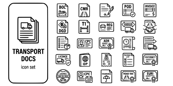Road Transport Documentation Bold Line Icons-BOL CMR POD ADR Certificate Tachograph Manifest Permit Haulage Contract-25 Transport Docs Icon Set Vector