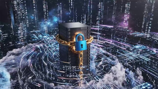 Secure server rack data center protection locked with golden chain digital security concept