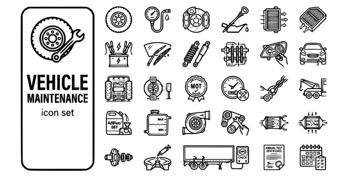 Vehicle Maintenance Repair Bold Line Icons-Tyre Brake Engine Oil Filter Battery Alignment MOT Recovery Adblue DPF-25 Maintenance Icon Set Vector - Truck Repair Icons
