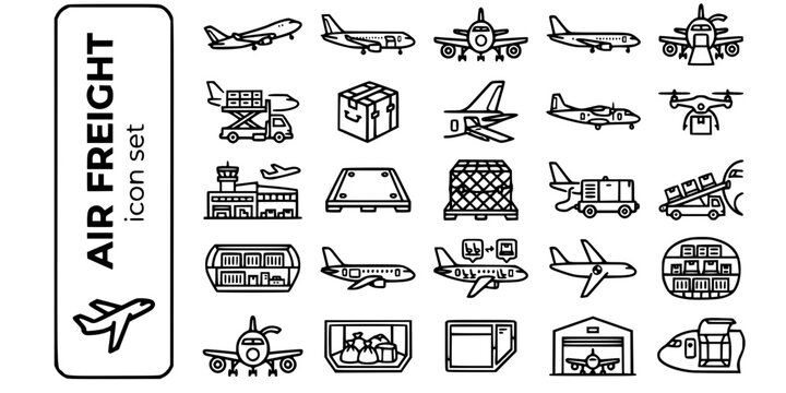 Air Freight Cargo Aircraft Bold Line Icons-Freighter Belly Cargo ULD Widebody Charter Drone Nose Loading Terminal-25 Air Freight Icon Set Vector - Aviation Icons