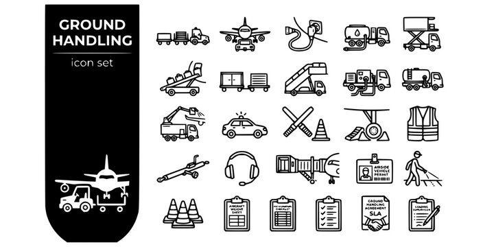 Airport Ground Handling Bold Line Icons-Pushback Tug Bowser Catering Belt Loader De-Icing Marshalling Chocks Stairs-25 Ground Handling Icon Set Vector