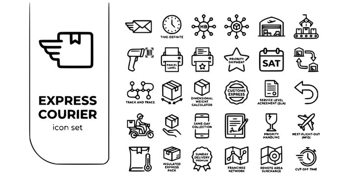Express Courier Integrator Bold Line Icons-Overnight Hub Spoke Sortation Barcode Priority SLA Dimensional Weight NFO-25 Express Courier Icon Set Vector