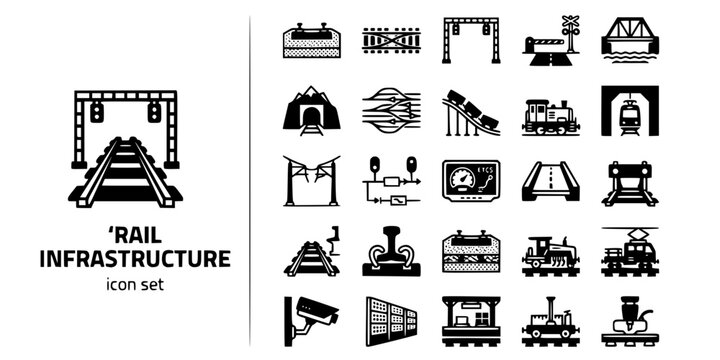 Rail Network Infrastructure Bold Line Icons-Track Switch Signal Gantry Level Crossing Tunnel Marshalling ETCS Catenary-25 Rail Infrastructure Icon Set Vector