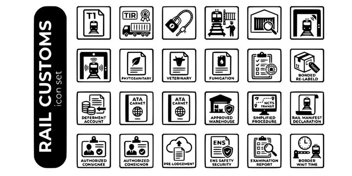 Rail Customs Cross-Border Bold Line Icons-T1 Transit TIR Carnet NCTS CTC ATA Carnet Phytosanitary Fumigation ENS ICD-25 Rail Customs Icon Set Vector
