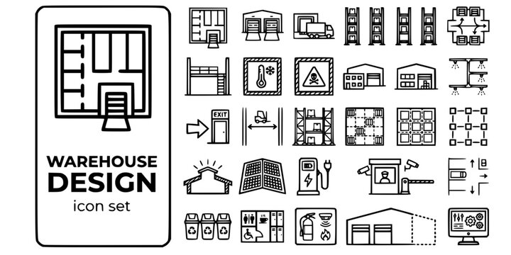 Warehouse Layout Design Bold Line Icons-Floor Plan Dock Mezzanine Cross-Dock Cold Store Hazmat Racking Sprinkler Solar-25 Warehouse Design Icon Set Vector