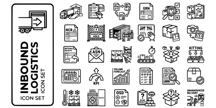 Inbound Logistics Goods Receiving Bold Line Icons-GRN ASN Three-Way Match NCR Quarantine Devan Put-Away Cross-Dock OSD-25 Inbound Logistics Icon Set Vector