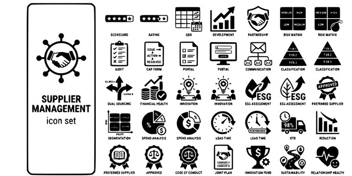 Supplier Relationship Management Bold Line Icons-Scorecard QBR Audit CAP Dual Sourcing ESG Kraljic Matrix OTD Segmentation-25 Supplier Management Icon Set Vector