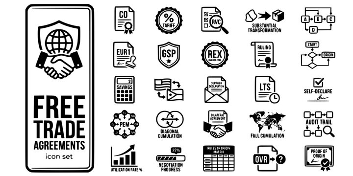 Free Trade Agreements Preferential Origin Bold Line Icons-FTA EUR1 GSP REX RVC Cumulation PEM Binding Ruling LTS Supplier Declaration-25 FTA Icons Icon Set Vector