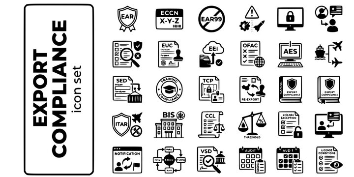 Export Compliance Controls Bold Line Icons-EAR ECCN ITAR OFAC AES Dual-Use Denied Party EUC TCP BIS EMCP VSD License Exception-25 Export Compliance Icon Set Vector