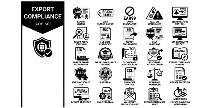 Export Compliance Controls Bold Line Icons-EAR ECCN ITAR OFAC AES Dual-Use Denied Party EUC TCP BIS EMCP VSD License Exception-25 Export Compliance Icon Set Vector
