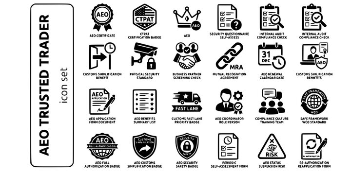 AEO Trusted Trader Bold Line Icons-CTPAT MRA SAFE Framework WCO Security Simplification Consignee Consignor Self-Assessment Renewal-25 AEO Icon Set Vector