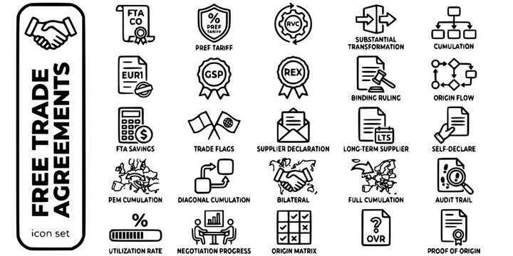 Free Trade Agreements Preferential Origin Bold Line Icons-FTA EUR1 GSP REX RVC Cumulation PEM Binding Ruling LTS Supplier Declaration-25 FTA Icons Icon Set Vector