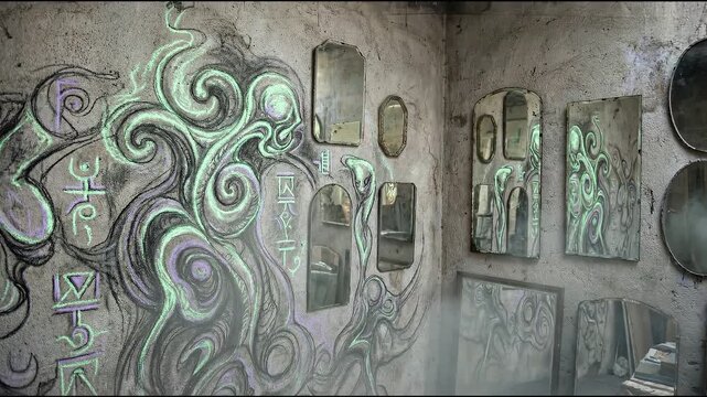 Sleeping boy surrounded by aliens in dim bedroom concept. Abstract wall art with mystical symbols and multiple vintage mirrors reflecting surreal swirls in an artistic room