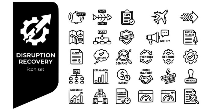 Supply Chain Disruption Recovery Bold Line Icons-Root Cause CAPA Expedite Re-Route Force Majeure ICS Emergency Sourcing Recovery KPI-25 Disruption Recovery Icon Set Vector