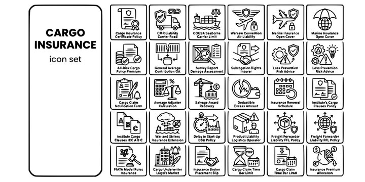 Cargo Insurance Liability Logistics Bold Line Icons-CMR COGSA Warsaw ICC Marine All-Risk General Average Subrogation FFL Lloyd's DSU-25 Cargo Insurance Icon Set Vector