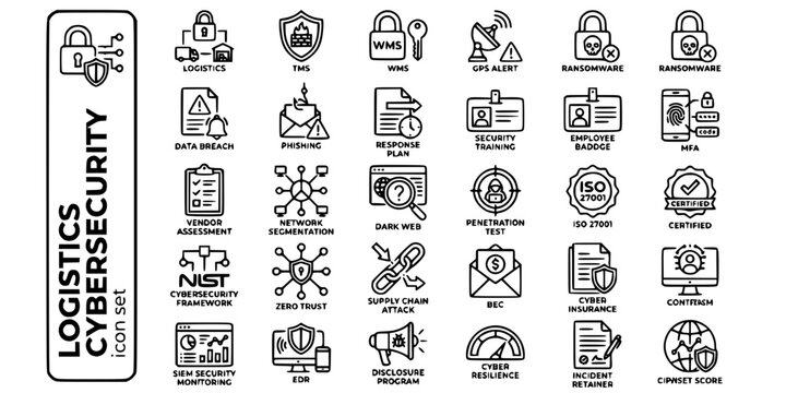 Logistics Cybersecurity Bold Line Icons-Firewall Ransomware MFA ISO27001 NIST Zero Trust SIEM EDR GPS Spoofing BEC Supply Chain Attack-25 Cybersecurity Icon Set Vector