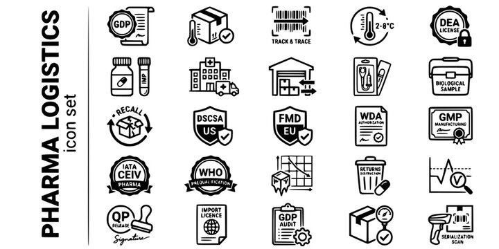 Pharmaceutical Healthcare Logistics Bold Line Icons-GDP DSCSA FMD WDA CEIV GMP DEA Serialization Cold Chain Clinical Trial QP-25 Pharma Logistics Icon Set Vector