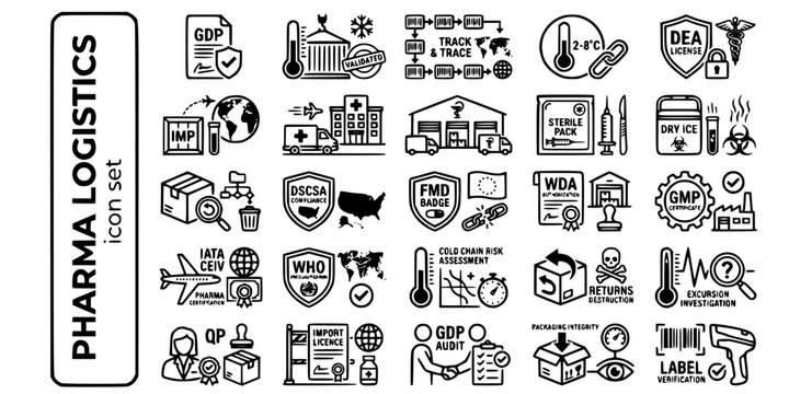 Pharmaceutical Healthcare Logistics Bold Line Icons-GDP DSCSA FMD WDA CEIV GMP DEA Serialization Cold Chain Clinical Trial QP-25 Pharma Logistics Icon Set Vector