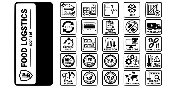 Food Beverage Logistics Bold Line Icons-HACCP FIFO BRC IFS SQF Farm-to-Fork Allergen Frozen Chilled Organic Fair Trade Recall-25 Food Logistics Icon Set Vector