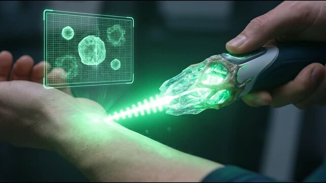 Sleeping boy surrounded by aliens in dim bedroom concept. Futuristic skin scanning technology with glowing green light analyzing human cells on arm
