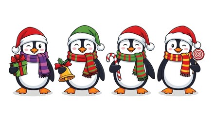 Four festive penguins in christmas hats and scarves