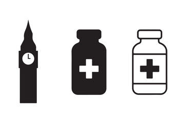 Obraz premium Black silhouettes of big ben medicine bottle and a vial