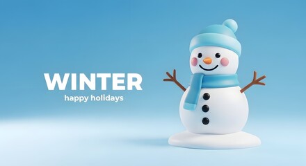 A cheerful snowman in a blue hat and scarf on a winter background