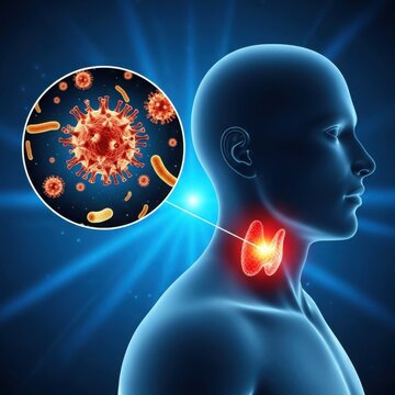 Illustration of a virus attacking the thyroid gland in the human body