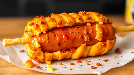 This corn dog masterpiece showcases a lusciously golden crust that shatters with each bite, revealing a juicy and savory sausage nestled within, ready to satisfy your cravings.
