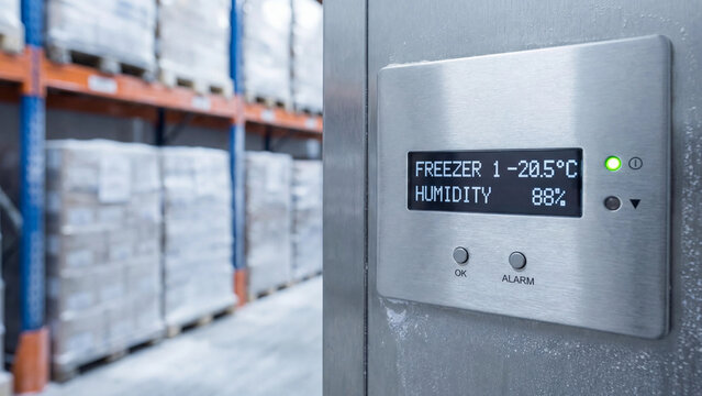 Industrial cold storage freezer temperature and humidity monitoring control panel in warehouse facility for food safety and supply chain compliance