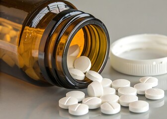 Amber Pill Bottle with White Pills Spilled on Gray Surface medicine medication