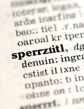 Macro shot of a dictionary page, with a word in bold letters. Words are blurred around the focus point