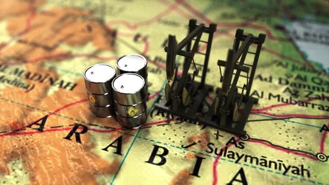 Oil Barrels and Pumpjacks Map of Saudi Arabia Highlighting Energy Industrys Geographical Focus on Extraction and Distribution in Arabian Regions Oil Production Geography