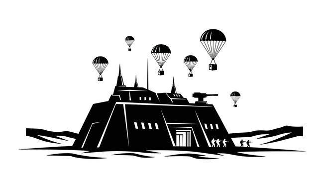 Sci-fi military base with paratroopers dropping supplies from the sky