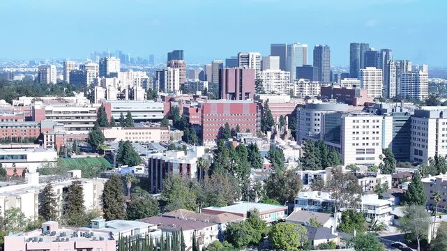 Slow Aerial Pan Across UCLA Medical District and City Skyline