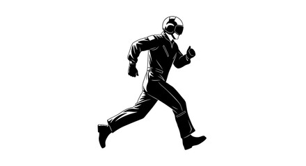 Fototapeta premium Silhouette of a runner in a racing suit and helmet, dynamic motion, black and white illustration