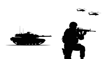 Obraz premium Silhouette of Military Tank, Soldier with Rifle, and Helicopters in Combat Formation