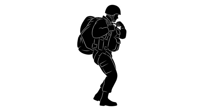 Silhouette of a paratrooper with a large backpack, ready to jump.