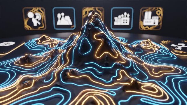 Futuristic topographic map landscape with glowing neon contour lines and abstract digital icons